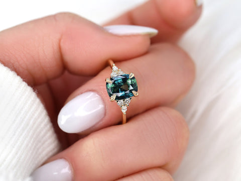 2.68ct Ready to Ship Petite Tinsley 14kt Gold Peacock Teal Sapphire Diamond 3 Stone Cushion Engagement Ring