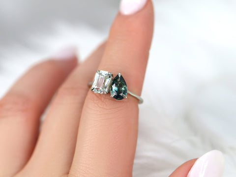 3.06cts Gemini 14kt White Gold Ocean Teal Sapphire Toi Et Moi Ring - Rosados Box