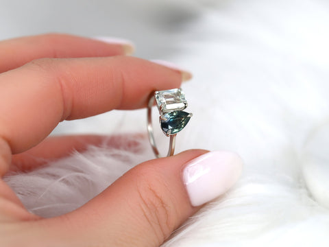 3.06cts Gemini 14kt White Gold Ocean Teal Sapphire Toi Et Moi Ring - Rosados Box