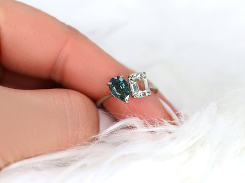 3.06cts Gemini 14kt White Gold Ocean Teal Sapphire Toi Et Moi Ring - Rosados Box