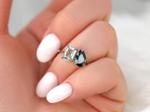 3.06cts Gemini 14kt White Gold Ocean Teal Sapphire Toi Et Moi Ring - Rosados Box