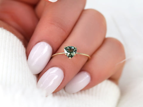 0.84ct Ready to Ship Ultra Petite Heartley 14kt Gold Forest Teal Sapphire Minimalist Stacking Ring,Pinky Ring,Dainty Ring,Trillion Cut Ring - Rosados Box
