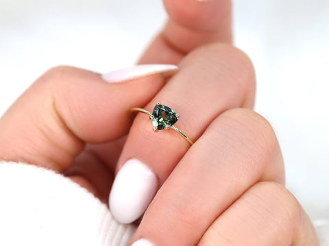 0.84ct Ready to Ship Ultra Petite Heartley 14kt Gold Forest Teal Sapphire Minimalist Stacking Ring,Pinky Ring,Dainty Ring,Trillion Cut Ring - Rosados Box