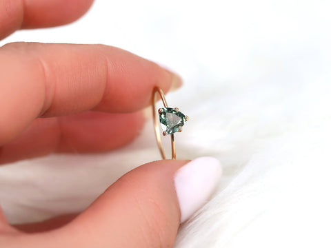 0.84ct Ready to Ship Ultra Petite Heartley 14kt Gold Forest Teal Sapphire Minimalist Stacking Ring,Pinky Ring,Dainty Ring,Trillion Cut Ring - Rosados Box