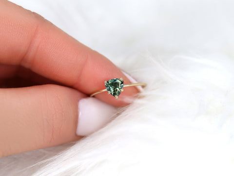 0.84ct Ready to Ship Ultra Petite Heartley 14kt Gold Forest Teal Sapphire Minimalist Stacking Ring,Pinky Ring,Dainty Ring,Trillion Cut Ring - Rosados Box