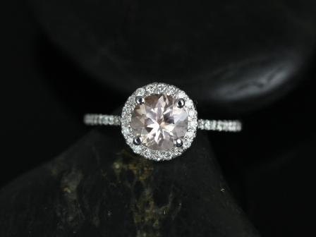 Ready to Ship 14kt White Gold Kubian 7mm Morganite Diamonds Dainty Round Halo Ring - Rosados Box