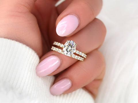 2ct Sally 9x7mm 14kt Gold Moissanite Minimalist Oval Solitaire Bridal Set - Rosados Box