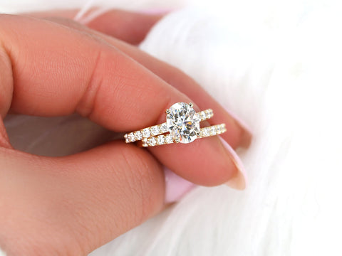 2ct Sally 9x7mm 14kt Gold Moissanite Minimalist Oval Solitaire Bridal Set - Rosados Box