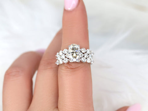 2.50ct Brooklyn 10x7mm 14kt Gold Moissanite Oval Solitaire TRIO Bridal Set - Rosados Box