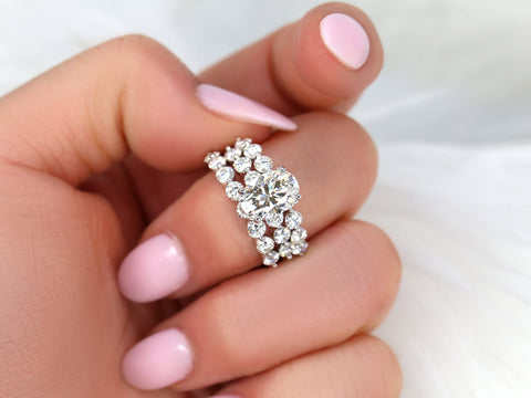 2.50ct Brooklyn 10x7mm 14kt Gold Moissanite Oval Solitaire TRIO Bridal Set - Rosados Box