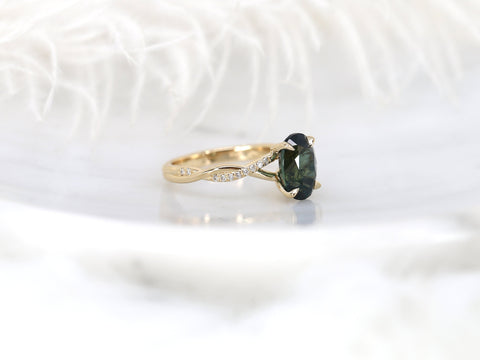 3.24ct Petite Tilly 14kt Gold Moss Teal Sapphire Criss Cross Oval Engagement Ring - Rosados Box
