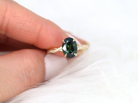 3.24ct Petite Tilly 14kt Gold Moss Teal Sapphire Criss Cross Oval Engagement Ring - Rosados Box