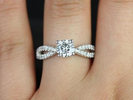 Ready to Ship Karina 6mm 14kt YELLOW Gold Forever One Moissanite Diamonds Crossover Pave Twist Round Engagement Ring - Rosados Box