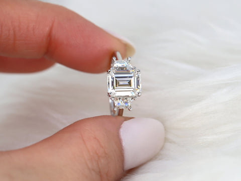 2.60ct Milani 9x7mm 14kt Moissanite Emerald Cut Three Stone Ring - Rosados Box