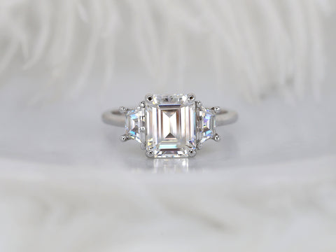 2.60ct Milani 9x7mm 14kt Moissanite Emerald Cut Three Stone Ring - Rosados Box