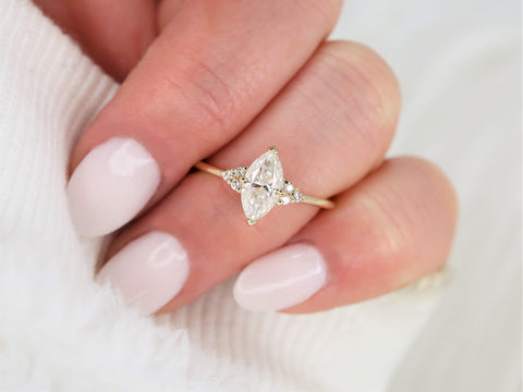 1ct Charlie 10x5mm 14kt Gold Moissanite Diamonds Dainty Cluster Ring - Rosados Box