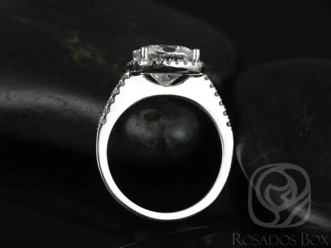 SALE Rosados Box Ready to Ship Randi 9mm 14kt White Gold Cushion Cut FB Moissanite and Diamonds Halo Engagement Ring