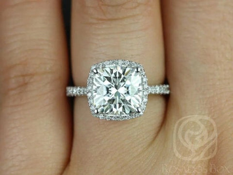 SALE Rosados Box Ready to Ship Randi 9mm 14kt White Gold Cushion Cut FB Moissanite and Diamonds Halo Engagement Ring