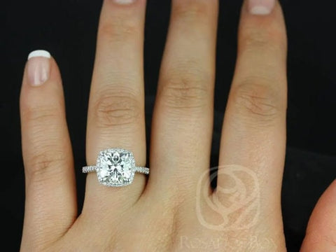 SALE Rosados Box Ready to Ship Randi 9mm 14kt White Gold Cushion Cut FB Moissanite and Diamonds Halo Engagement Ring