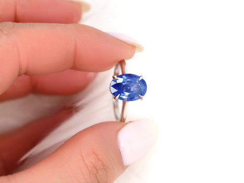 3.78ct Ready to Ship Hayden 14kt White Gold Ombre Blue Sapphire Diamond Hidden Halo Oval Ring - Rosados Box