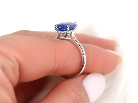 3.78ct Ready to Ship Hayden 14kt White Gold Ombre Blue Sapphire Diamond Hidden Halo Oval Ring - Rosados Box