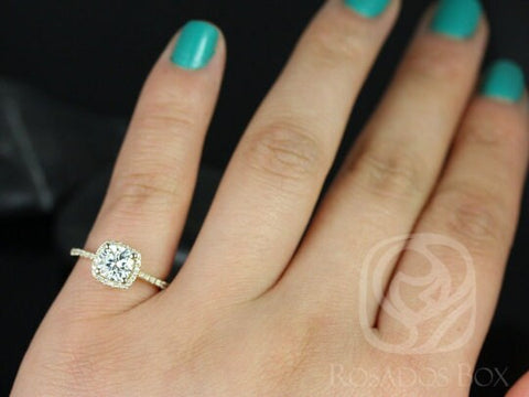 Rosados Box Ready to Ship Randi 6mm 14kt Yellow Gold Cushion Forever One Moissanite and Diamond Halo Engagement Ring