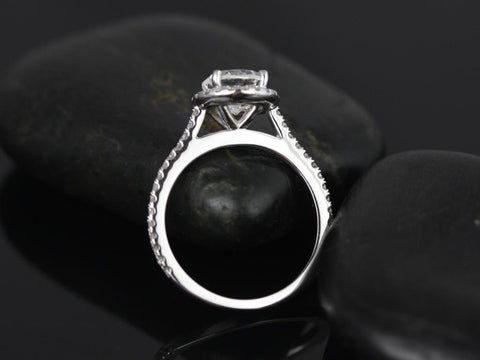 Ready to Ship 14kt White Gold Kubian 7mm Morganite Diamonds Dainty Round Halo Ring - Rosados Box