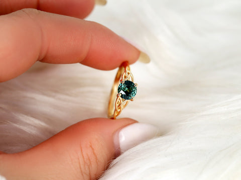 1.42ct Petite Cassidy 14kt Teal Sapphire Celtic Love Knot Round Solitaire,Crossover Ring,Triquetra Ring,Unique Engagement Ring,Anniversary