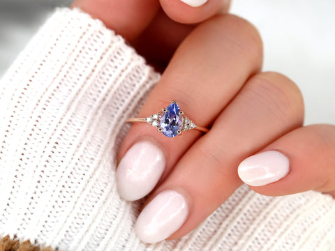 1.32ct Ready to Ship Juliet 14kt Rose Gold Lavender Cornflower Sapphire Diamond Three Stone Pear Ring,Unique Cluster Ring,Anniversary Ring