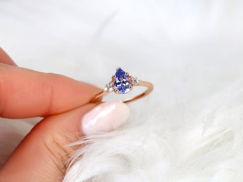 1.32ct Ready to Ship Juliet 14kt Rose Gold Lavender Cornflower Sapphire Diamond Three Stone Pear Ring,Unique Cluster Ring,Anniversary Ring