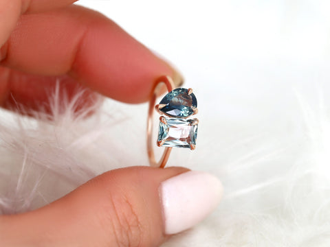 3.17ct Gemini 14kt Rose Gold Ocean Teal Sapphire Toi Et Moi Ring,Two Stone Ring,September Birthstone Ring,Unique Cluster Ring,Gift For Her