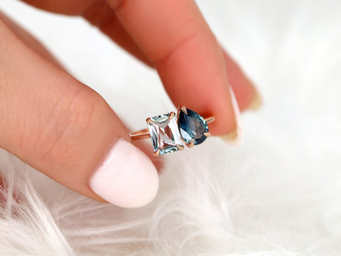 3.17ct Gemini 14kt Rose Gold Ocean Teal Sapphire Toi Et Moi Ring,Two Stone Ring,September Birthstone Ring,Unique Cluster Ring,Gift For Her