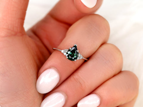 1.46ct Ready to Ship Juliet 14kt White Gold Teal Sapphire Diamond Art Deco 3 Stone Pear Cluster Ring,Sapphire Engagement Ring,Pear Ring