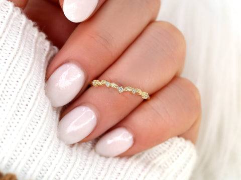 Gaia 14kt Diamond Unique Leaf Nesting Ring,Diamond Band,Contoured Ring,Anniversary Gift,Unique Wedding Ring,Chevron Ring,Diamond Leaf Ring