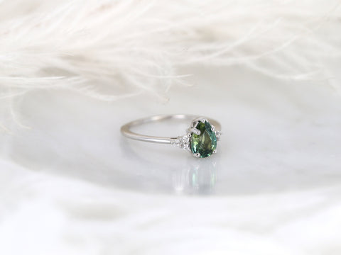 1.19ct Ready to Ship Juliet 14kt White Gold Teal Sapphire Diamond Art Deco 3 Stone Pear Cluster Ring,Sapphire Engagement Ring,Pear Ring