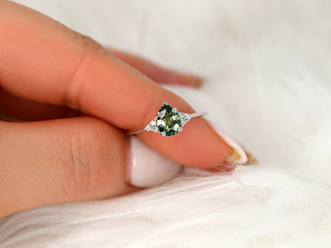 1.19ct Ready to Ship Juliet 14kt White Gold Teal Sapphire Diamond Art Deco 3 Stone Pear Cluster Ring,Sapphire Engagement Ring,Pear Ring