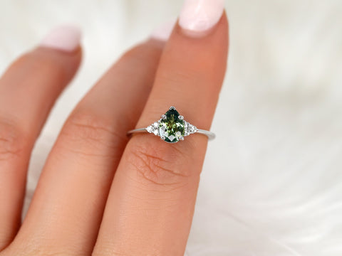 1.19ct Ready to Ship Juliet 14kt White Gold Teal Sapphire Diamond Art Deco 3 Stone Pear Cluster Ring,Sapphire Engagement Ring,Pear Ring