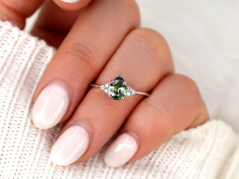 1.19ct Ready to Ship Juliet 14kt White Gold Teal Sapphire Diamond Art Deco 3 Stone Pear Cluster Ring,Sapphire Engagement Ring,Pear Ring