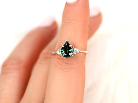 1.46ct Ready to Ship Juliet 14kt White Gold Teal Sapphire Diamond Art Deco 3 Stone Pear Cluster Ring,Sapphire Engagement Ring,Pear Ring