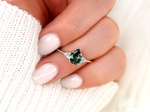 1.46ct Ready to Ship Juliet 14kt White Gold Teal Sapphire Diamond Art Deco 3 Stone Pear Cluster Ring,Sapphire Engagement Ring,Pear Ring
