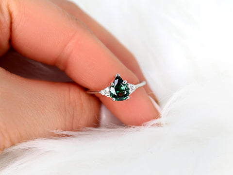 1.46ct Ready to Ship Juliet 14kt White Gold Teal Sapphire Diamond Art Deco 3 Stone Pear Cluster Ring,Sapphire Engagement Ring,Pear Ring