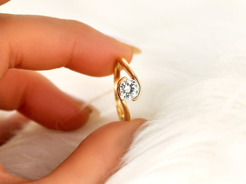 Petite Vadim 6mm 14kt Gold Moissanite Round Solitaire Ring,Bypass Ring,Semi Bezel Set Ring,Anniversary Gift,Unique Ring,Moissanite Ring