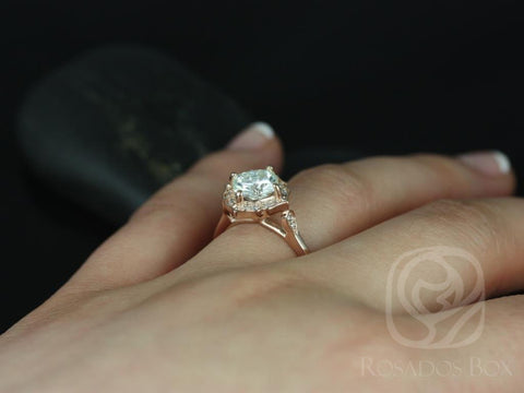 1.70ct Lily 7mm 14kt Moissanite Diamond WITHOUT Milgrain Art Deco Kite Set Cushion Halo Ring - Rosados Box