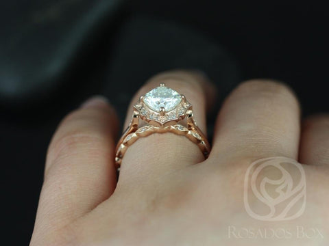 1.70ct Lily 7mm & Ult Pte Leah 14kt Rose Gold Moissanite Diamond Art Deco Cushion Kite Halo Bridal Set