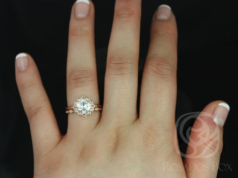 1.70ct Lily 7mm & Ult Pte Leah 14kt Rose Gold Moissanite Diamond Art Deco Cushion Kite Halo Bridal Set