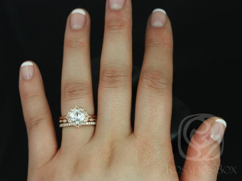 1.70ct Lily 7mm-Ultra Petite Leah-Pernella 14kt Gold Moissanite Diamond Kite Cushion Halo TRIO Bridal Set - Rosados Box