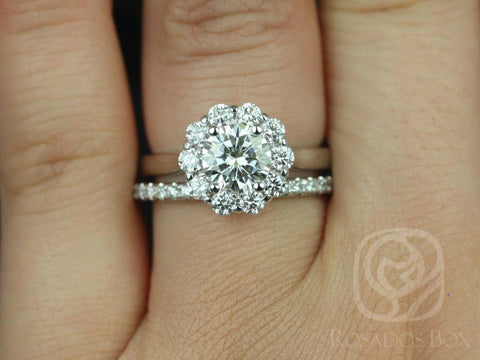 Blossom 6.5mm & Pernella 14kt Moissanite Diamonds Scalloped Flower Halo Bridal Set - Rosados Box