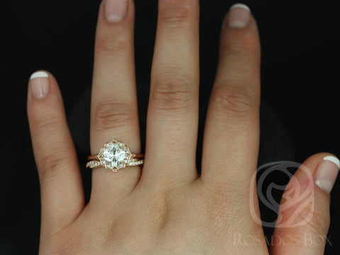 1.70ct Lily 7mm & Twyla 14kt Gold Moissanite Diamond Scalloped Cushion Kite Halo Bridal Set - Rosados Box