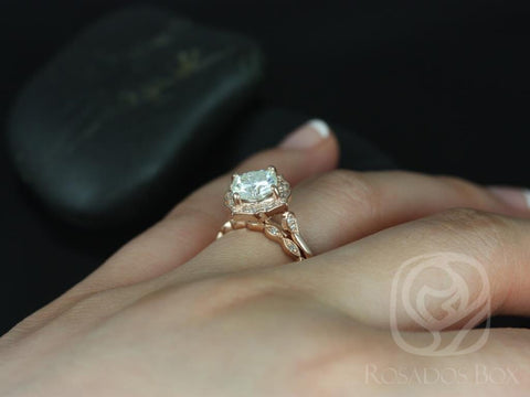 1.70ct Lily 7mm & Ult Pte Leah 14kt Rose Gold Moissanite Diamond Art Deco Cushion Kite Halo Bridal Set