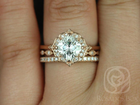 1.70ct Lily 7mm-Ultra Petite Leah-Pernella 14kt Gold Moissanite Diamond Kite Cushion Halo TRIO Bridal Set - Rosados Box